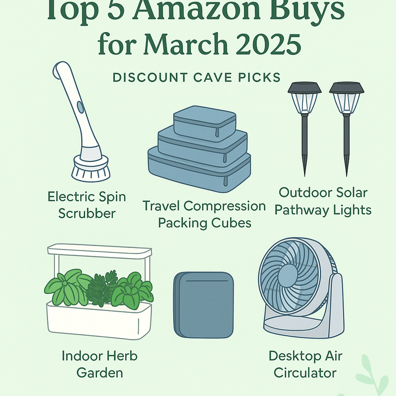 Top 5 Amazon buys for March 2025 including electric spin scrubber, travel compression packing cubes, solar pathway lights, desktop air circulator fan, and indoor herb garden — Discount Cave picks
