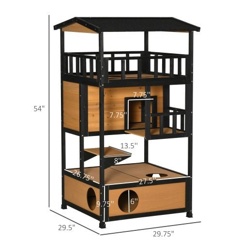 PawHut Wooden Outdoor Cat House | Wild Cat Shelter & Kitten Tree with Asphalt Roof, Escape Door, and Jump Platforms | Weatherproof Cat Apartment