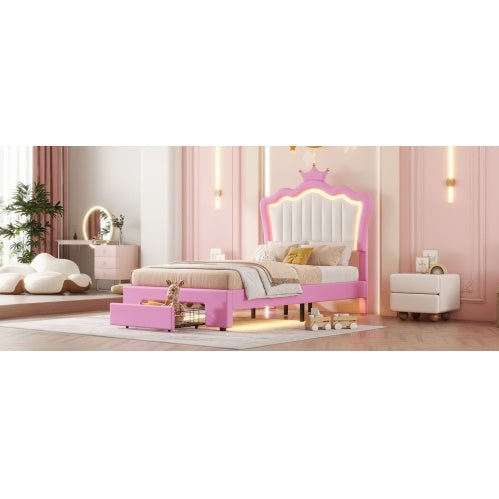 Twin Size Princess Bed Frame with LED Lights, Storage Drawer, Free Shipping