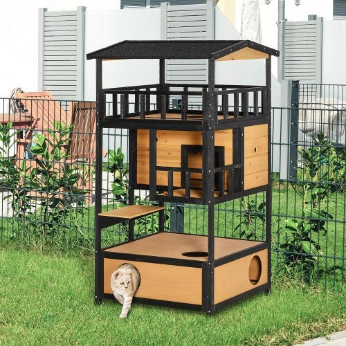PawHut Wooden Outdoor Cat House | Wild Cat Shelter & Kitten Tree with Asphalt Roof, Escape Door, and Jump Platforms | Weatherproof Cat Apartment