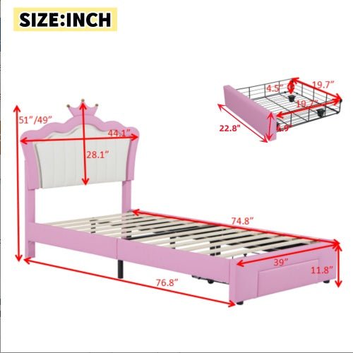 Twin Size Princess Bed Frame with LED Lights, Storage Drawer, Free Shipping