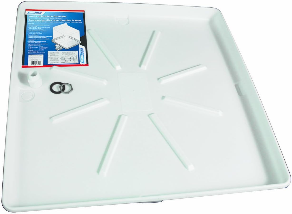 Camco Drain Pan w/PVC Fitting 32" OD x 30", Collects Water Leakage from Underneath Washing Machine and Prevents Floor Damage-White (20752), 30" x 32"