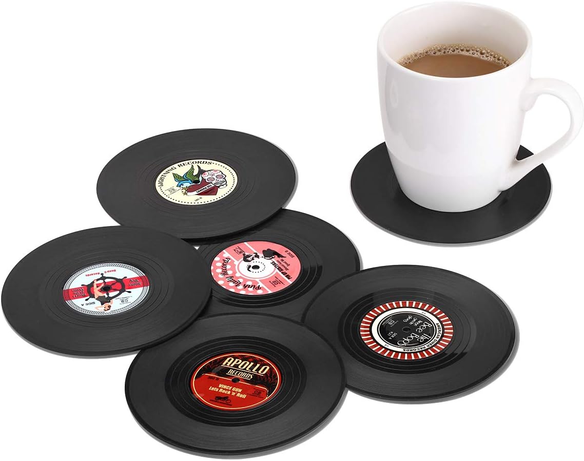 Retro Rockabilly Vinyl Record Coasters – 6-Piece Set | Vintage Drink Coasters for Home, Bar, Coffee Table & Music Lovers