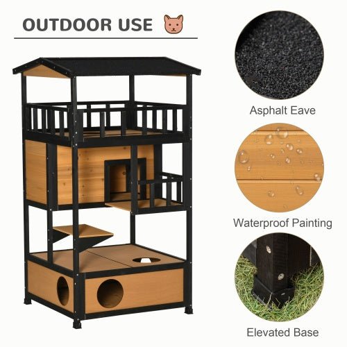 PawHut Wooden Outdoor Cat House | Wild Cat Shelter & Kitten Tree with Asphalt Roof, Escape Door, and Jump Platforms | Weatherproof Cat Apartment