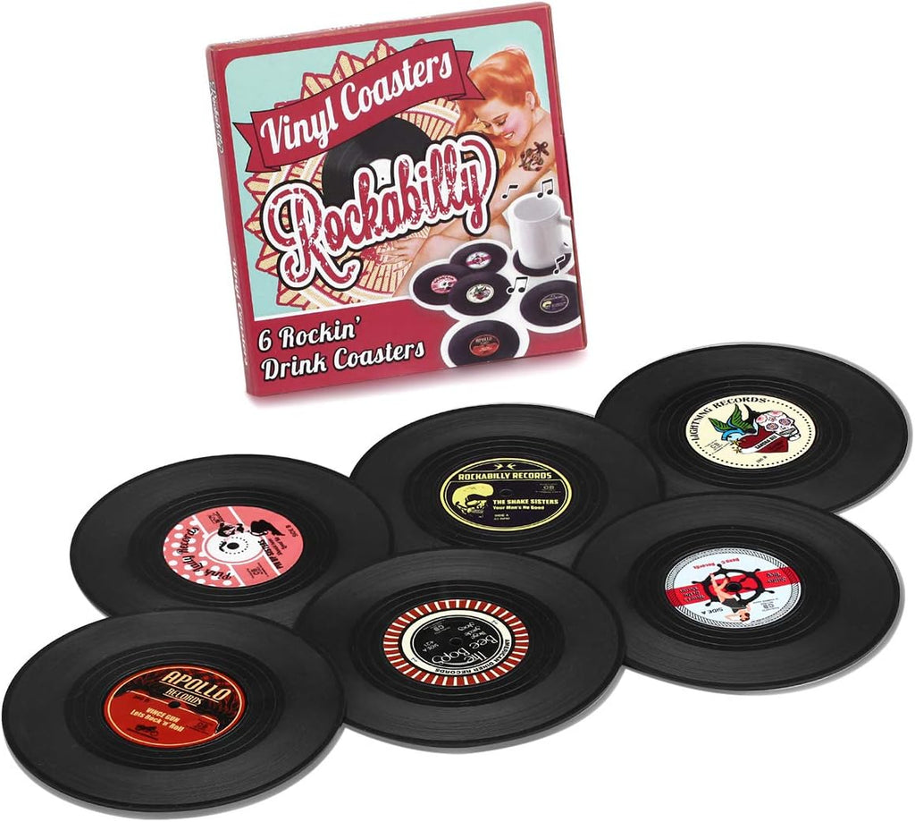 Retro Rockabilly Vinyl Record Coasters – 6-Piece Set | Vintage Drink Coasters for Home, Bar, Coffee Table & Music Lovers