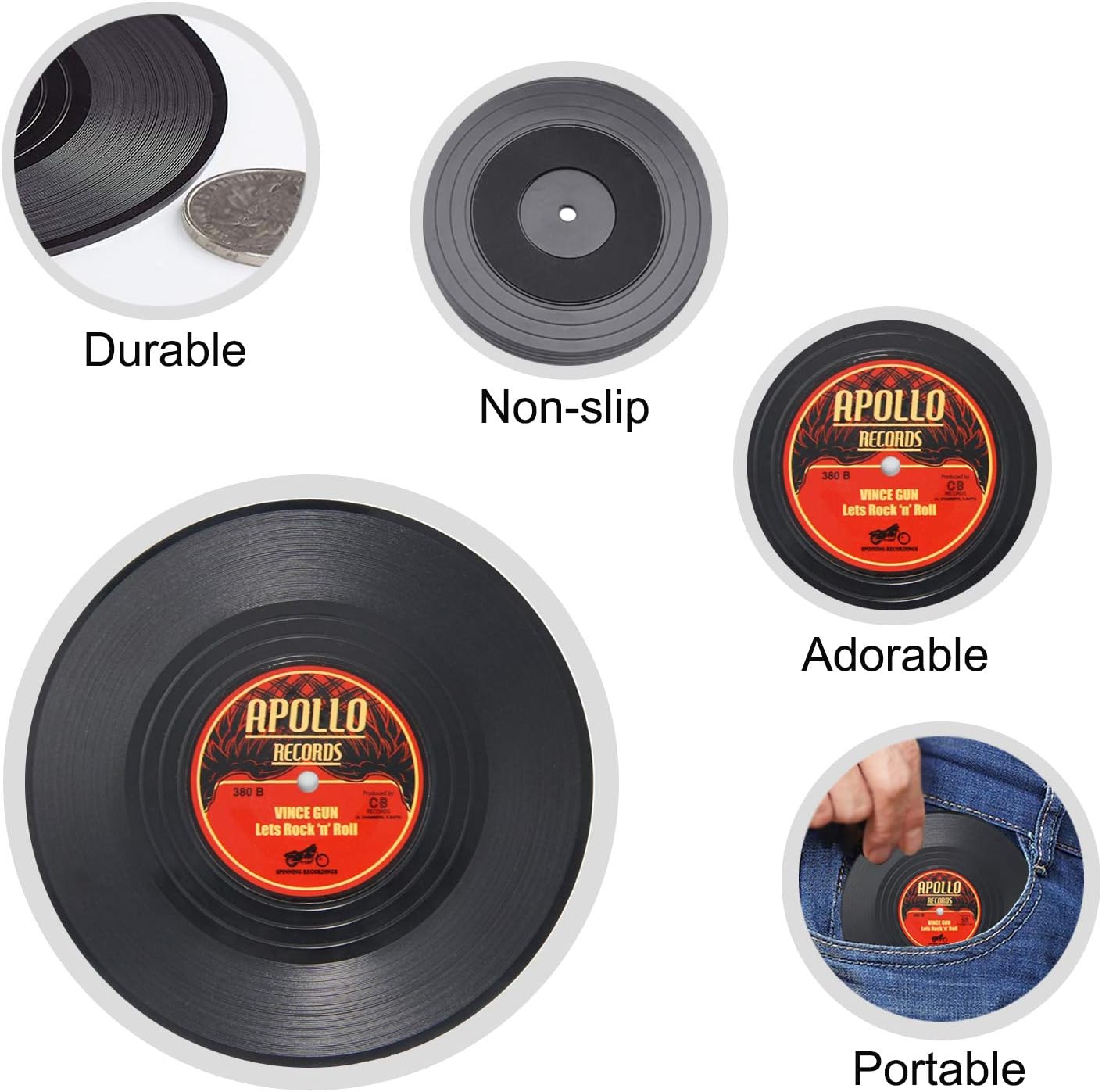 Retro Rockabilly Vinyl Record Coasters – 6-Piece Set | Vintage Drink Coasters for Home, Bar, Coffee Table & Music Lovers