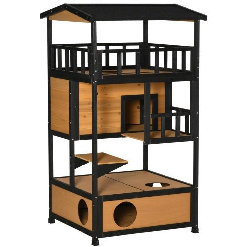 PawHut Wooden Outdoor Cat House | Wild Cat Shelter & Kitten Tree with Asphalt Roof, Escape Door, and Jump Platforms | Weatherproof Cat Apartment