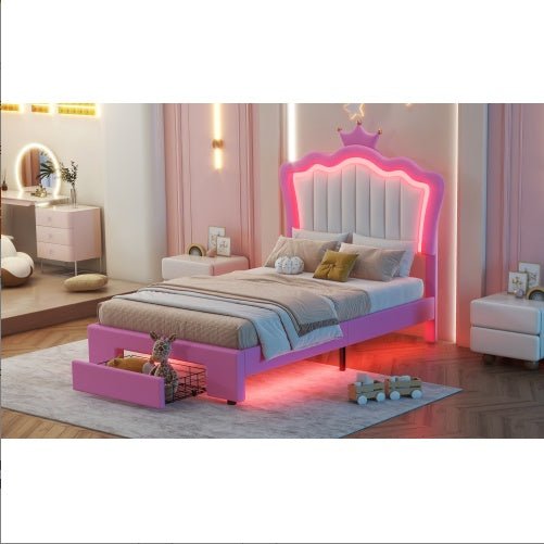 Twin Size Princess Bed Frame with LED Lights, Storage Drawer, Free Shipping