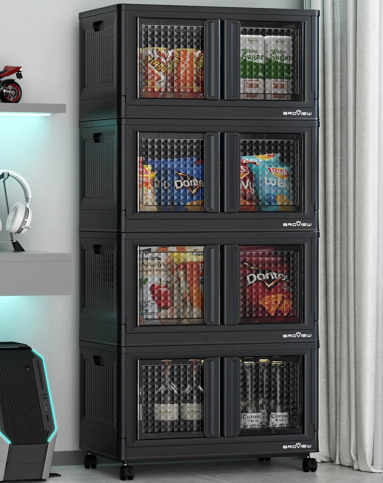 320Qt Storage Bins with Lids 80Gal Plastic Stackable Collapsible Storage Bins with Doors and Wheels Closet Organizers and Storage Black Folding Storage Cabinet for Home Office Garage 4 Pack Cube