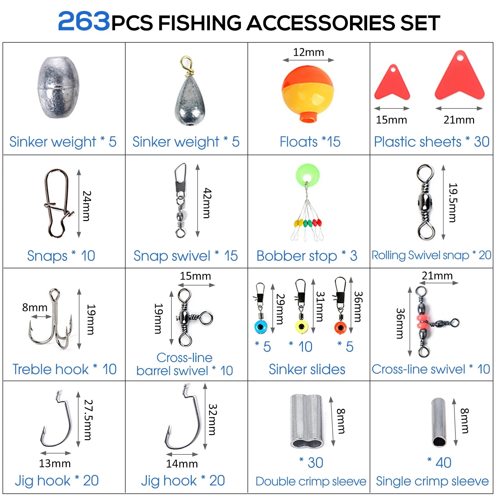 263pcs Fishing Set with Tackle box, Inc. Plier Jig Hooks Sinker Weight Swivels Snaps Sinker Slides