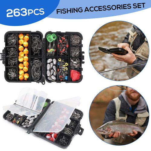 263pcs Fishing Set with Tackle box, Inc. Plier Jig Hooks Sinker Weight Swivels Snaps Sinker Slides