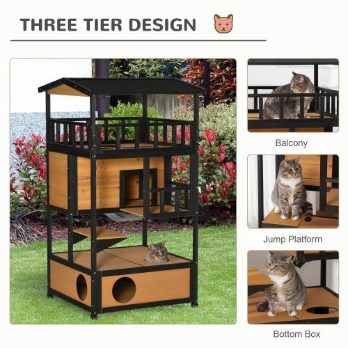 PawHut Wooden Outdoor Cat House | Wild Cat Shelter & Kitten Tree with Asphalt Roof, Escape Door, and Jump Platforms | Weatherproof Cat Apartment
