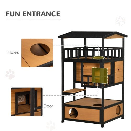 PawHut Wooden Outdoor Cat House | Wild Cat Shelter & Kitten Tree with Asphalt Roof, Escape Door, and Jump Platforms | Weatherproof Cat Apartment