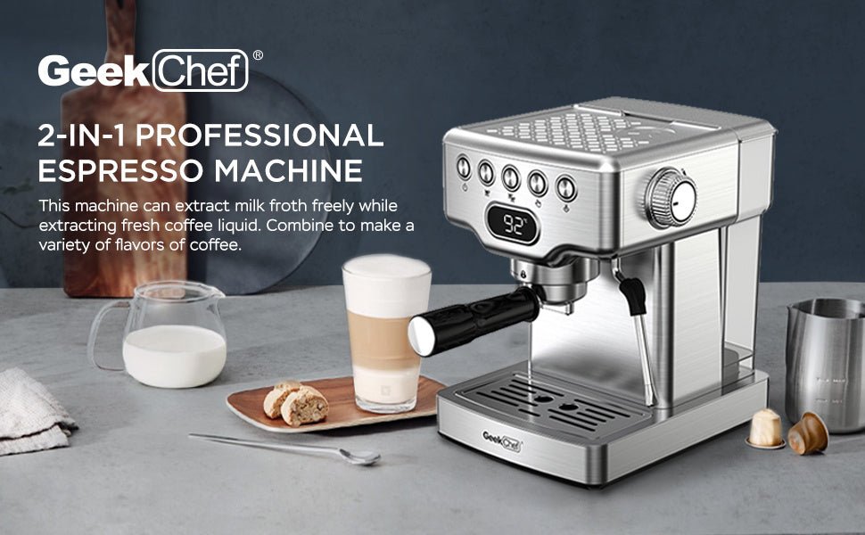 Geek Chef 20 Bar Espresso Machine with Milk Frother – 1.8L, Stainless Steel