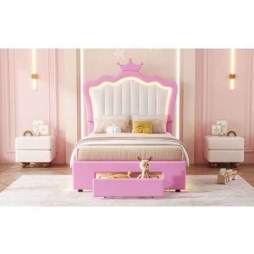 Twin Size Princess Bed Frame with LED Lights, Storage Drawer, Free Shipping