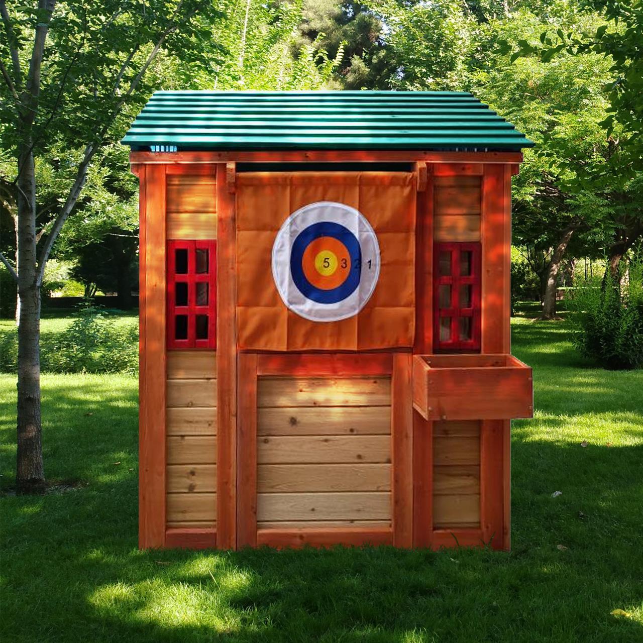 Eco-friendly Outdoor Wooden 4-in-1 Game House for kids garden playhouse with different games on every surface,Solid wood,61.4'Lx45.98'Wx64.17'H