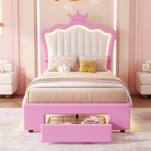 Twin Size Princess Bed Frame with LED Lights, Storage Drawer, Free Shipping